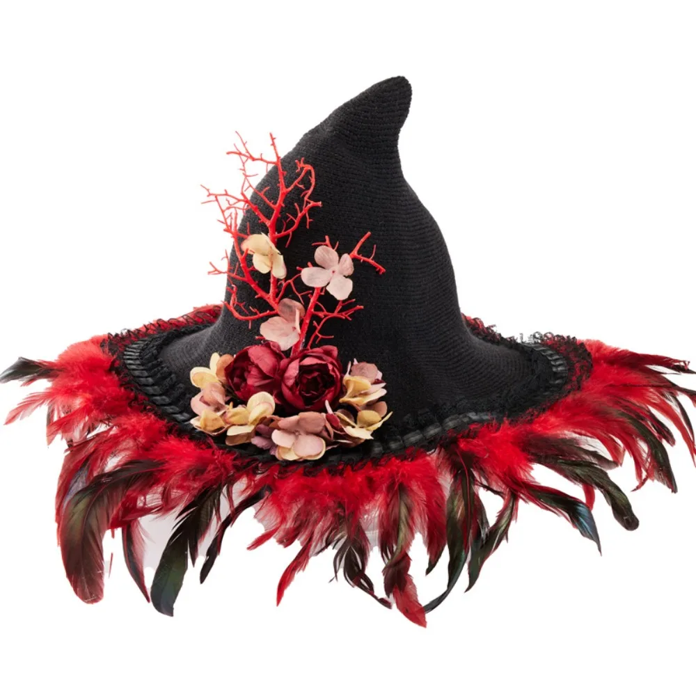 Halloween Witch Spiked Cornice Hat Goth Dark Feathers Flower Wizard Lolita Magic Hat Cosplay Accessory 4
