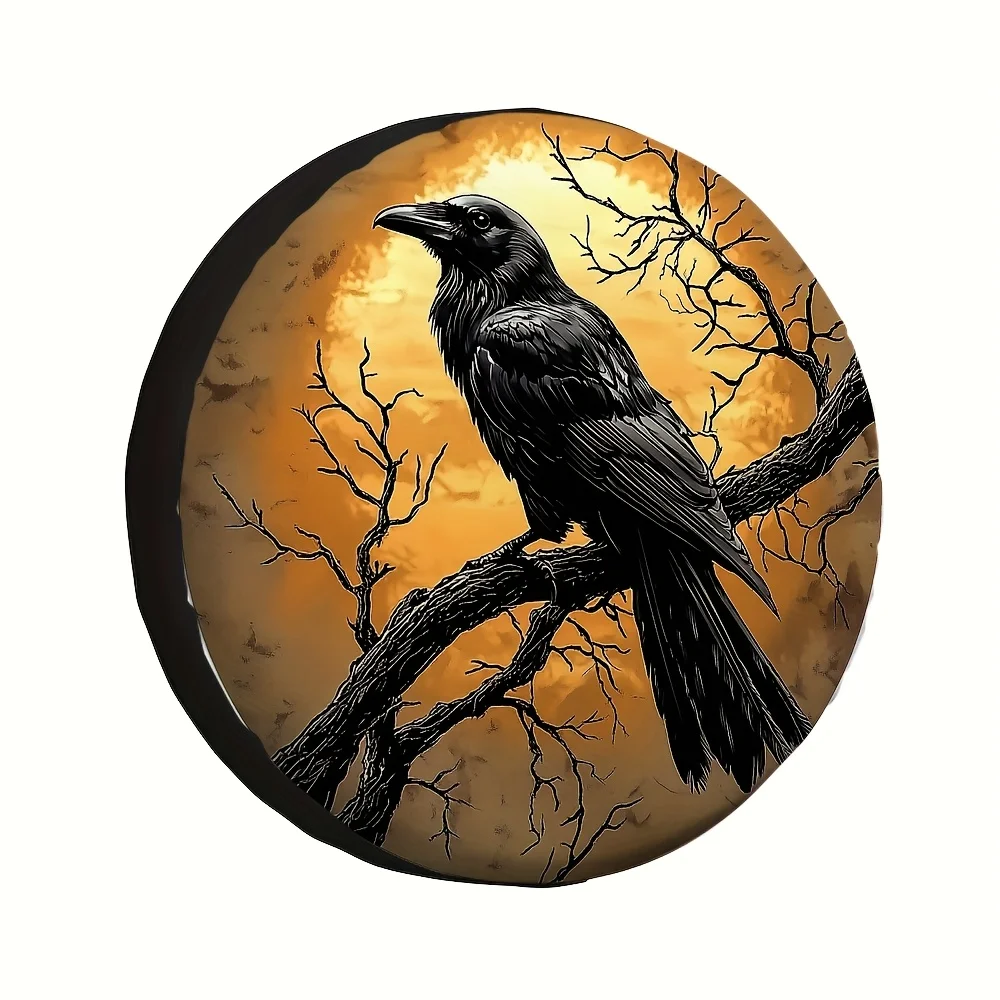 Dark Gothic Black Crow On Bare Tree Branch Full Moon Off-Road Tire Cover