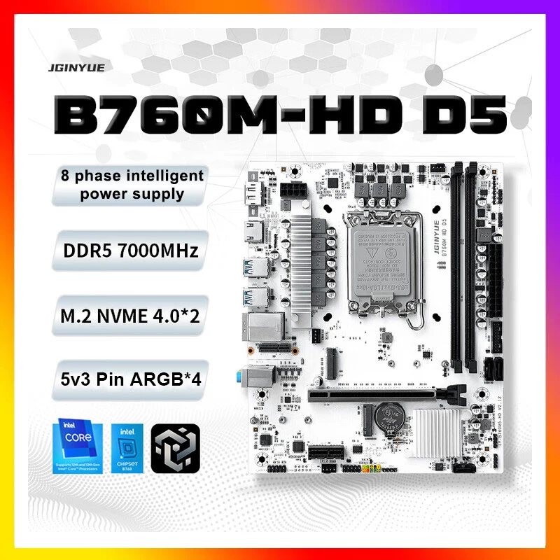 JGINYUE B760M-HD D5 Motherboard Support 1700-Pin DDR4/DDR5 Support 12th/13th/14th Gen Core i3i5i7i9  2*DDR5 2 M.2 NVME 3 SATA3.0