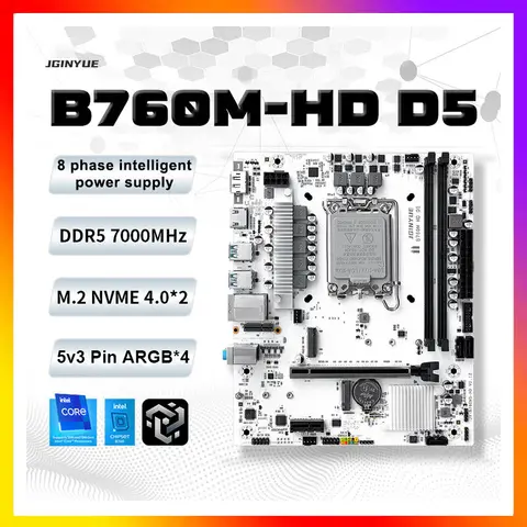 Placa base JGINYUE B760M-HD D5 compatible con DDR4/DDR5 de 1700 pines 12a/13a/14a generación Core i3i5i7i9 2 * DDR5 2 M.2 NVME 3 SATA3.0