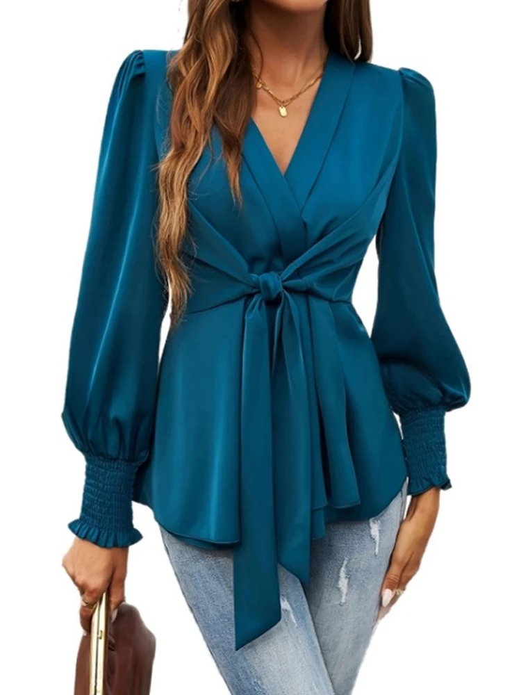 Elegante retro diepe v-hals gekruiste riem slanke taille shirt lange mouwen geplooide manchetten kantoorblouse blauw casual vetertop vrouwelijk