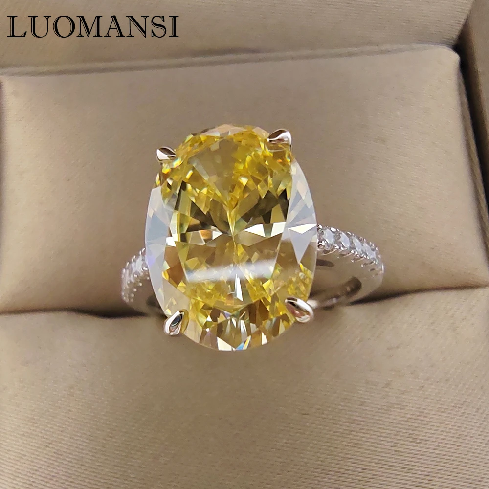 Luomansi 9*13MM Yellow Egg Shape High Carbon Diamond Ring for Women 100%-S925 Women Jewelry Wedding Party Gift