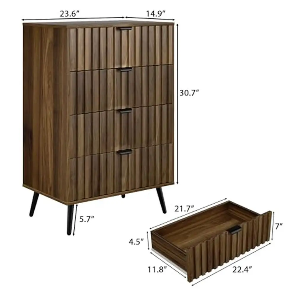 Caneladas Walnut Dresser, 4 gavetas no peito, Mid Century Modern, Organizador do armazenamento do quarto