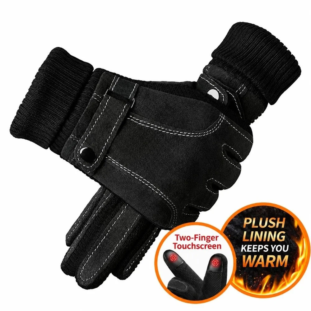 Full Finger Genuine Leather Gloves Touch Screen Windproof Riding Cycling Gloves Waterproof Non Slip Fleece Lined Gloves
