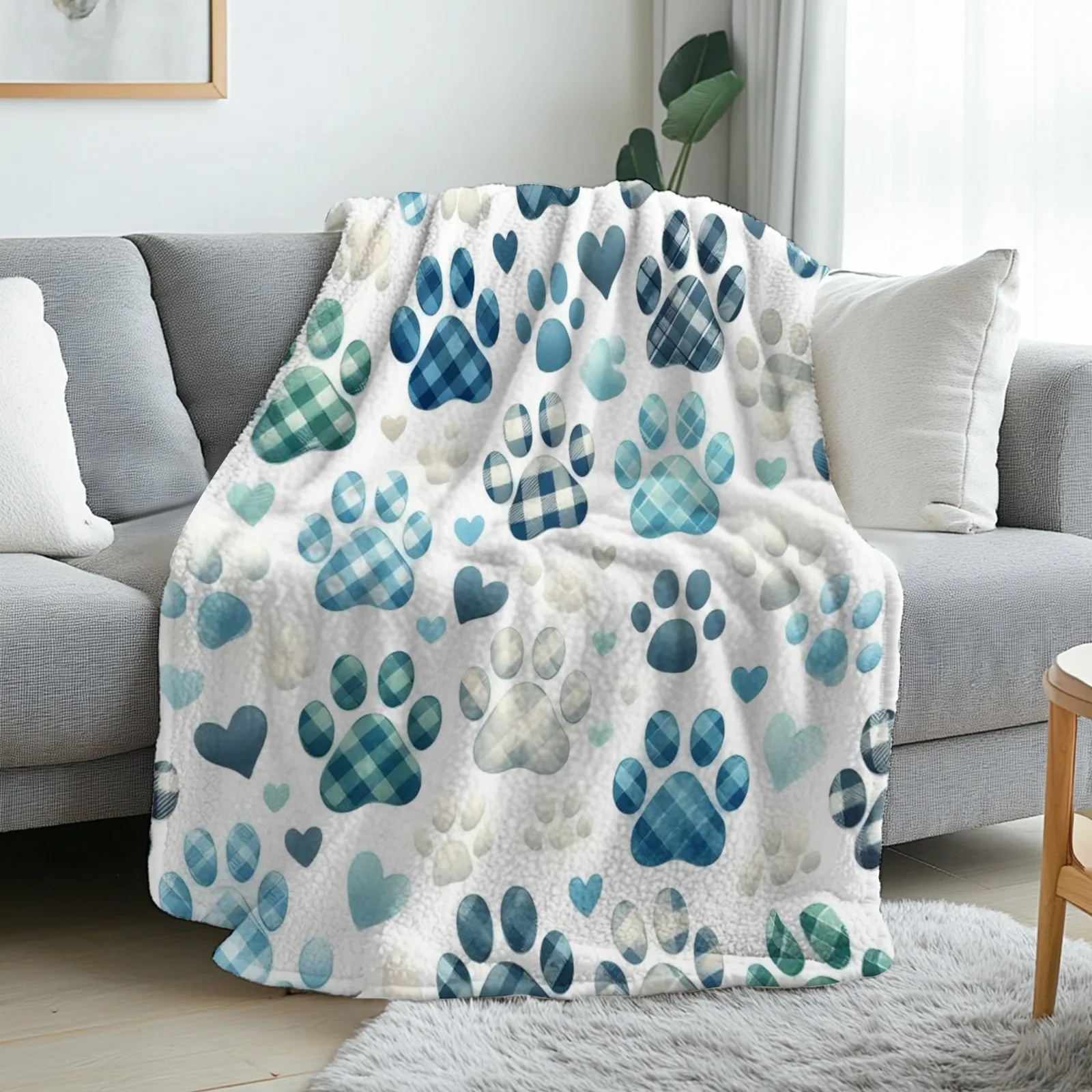 Newest Blue Plaid Paw Print Heart Repeat Pattern Flannel Throw Blanket, Light Cozy Pet Lover Blanket for Sofa Bed Indoor Use