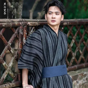 남성용 기모노 가운 긴 소매 면화 전통 잠옷 사무라이 잠옷 유카타 수면 목욕 가운 긴 잠옷