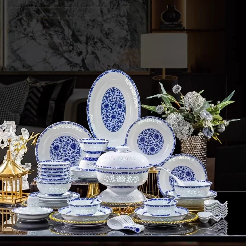 

68 pieces glazed medium and high-grade Chinese style, high white porcelain tableware bowl set