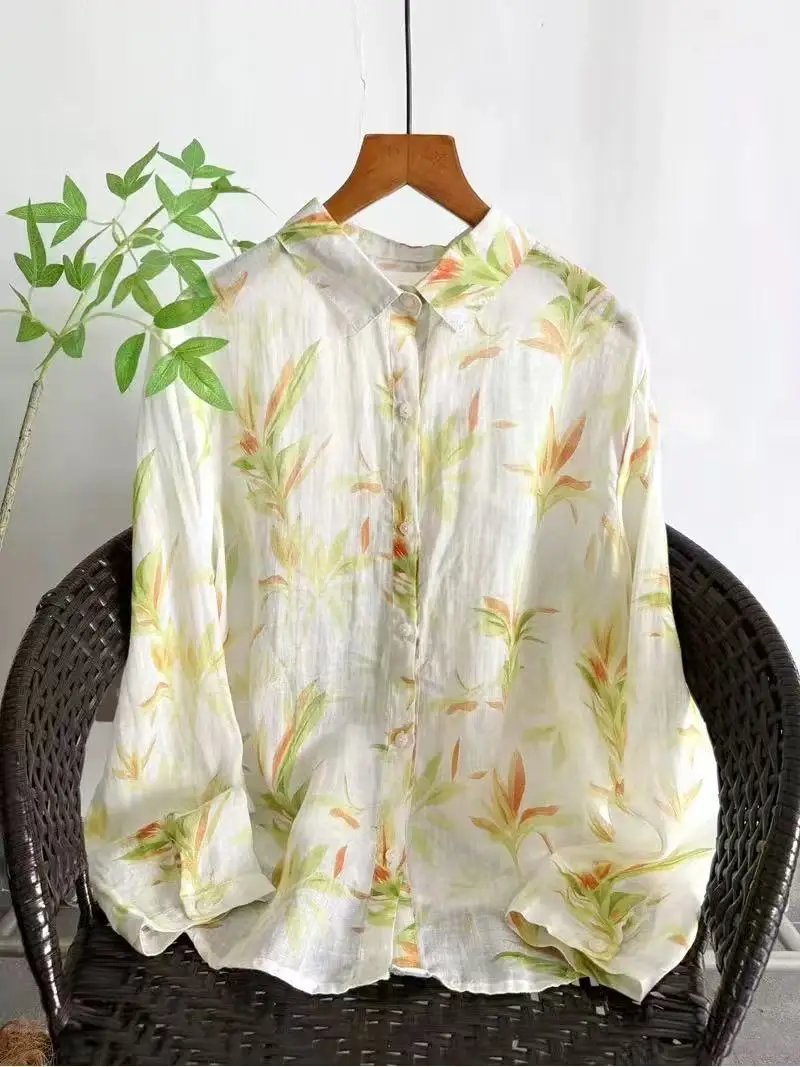 Fall clothes 2026 women Japanese retro cotton linen shirts and blouses ramie long sleeve floral tops linen women\'s clothing
