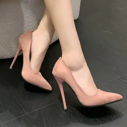 Sexy Super High Stiletto Heels Pumps Women Solid Office Flock Pointed Toe Party Elegant Office Shoes Woman Plus Size 43