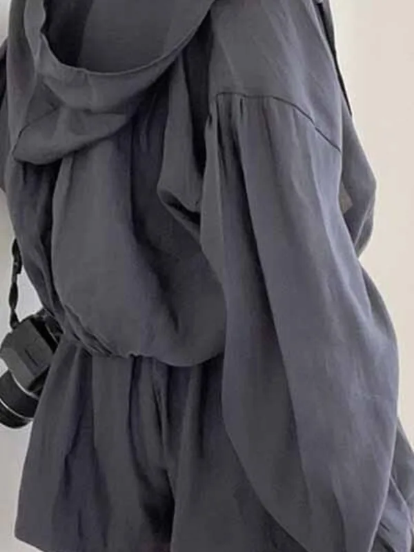 Chic Retro Hooded Loose Sun Protection Jacket Waist-Cinching Shorts Two-Piece Set Korean Style Spring Autumn Winter Women's Wear