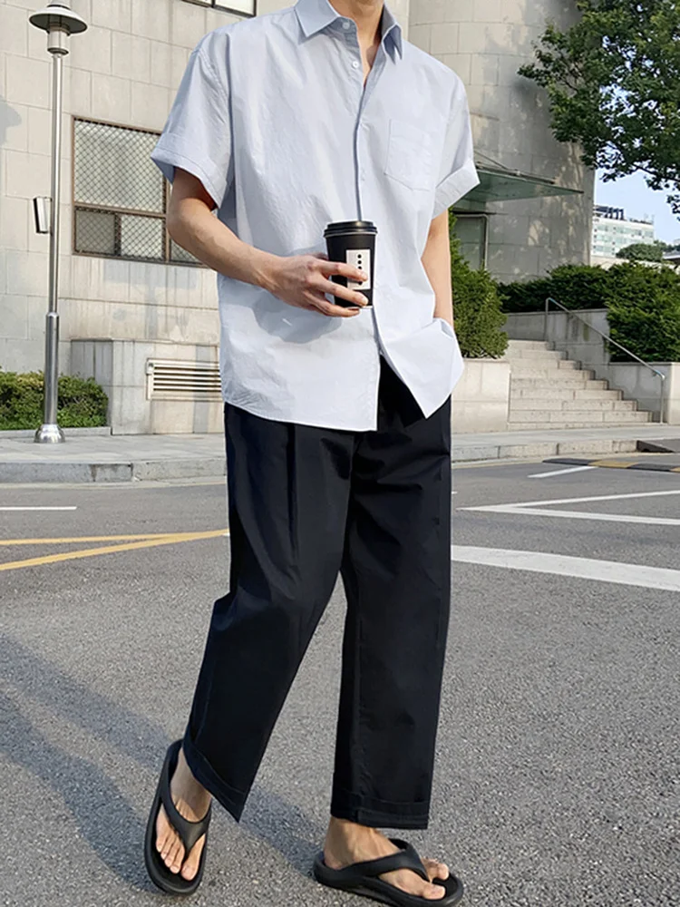 

Casual Men's Lapel Short-sleeved Shirt 2022 New Korean Style Solid Colour Basic Models Single Breasted Loose Tops 2A2122