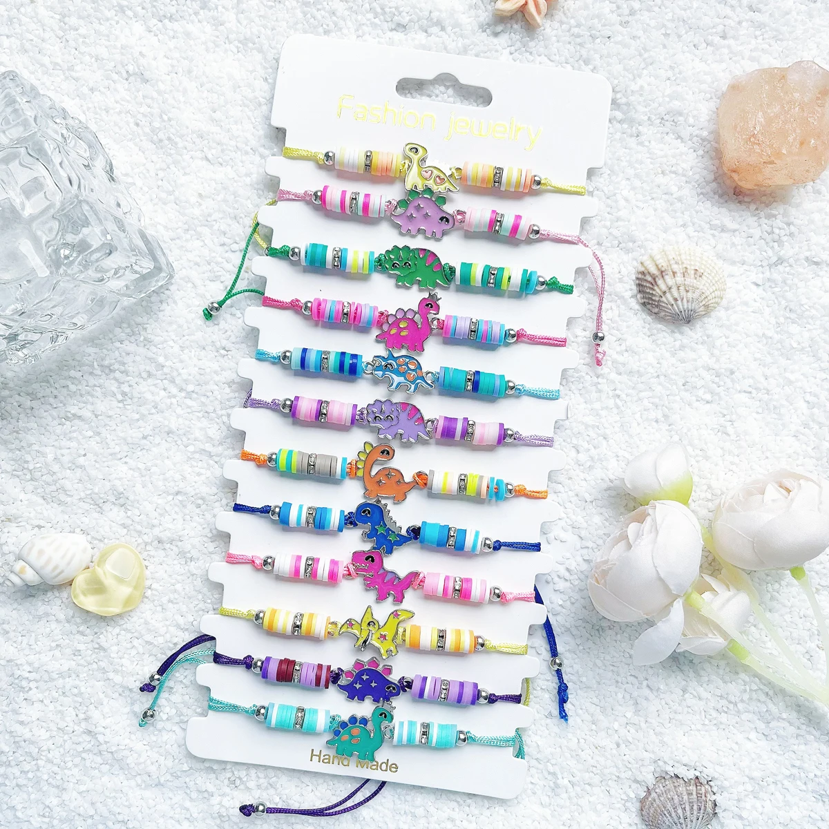 12Pcs Bohemian Style Colorful Soft Ceramic Dinosaur Bracelet Set, Suitable For Women Beach Holiday Or Gift