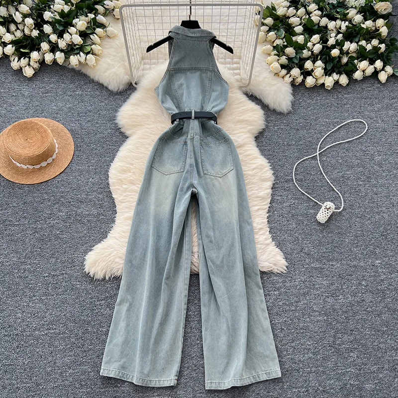 Women Denim Jumpsuit Skinny Single Breasted Casual High-waisted Summer Button Turn-down Collar Wide-leg Jumpsuits Rompers