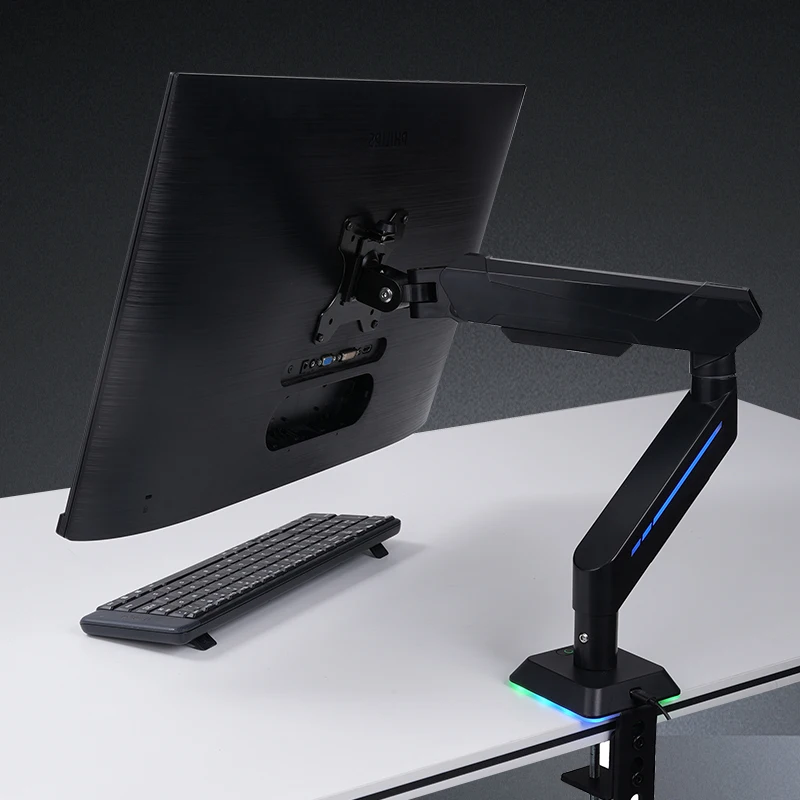 Premium Pneumatic Single Gaming Arm RGB LED Clamp Desk Mount 17-32 Inch Max VESA 100x100