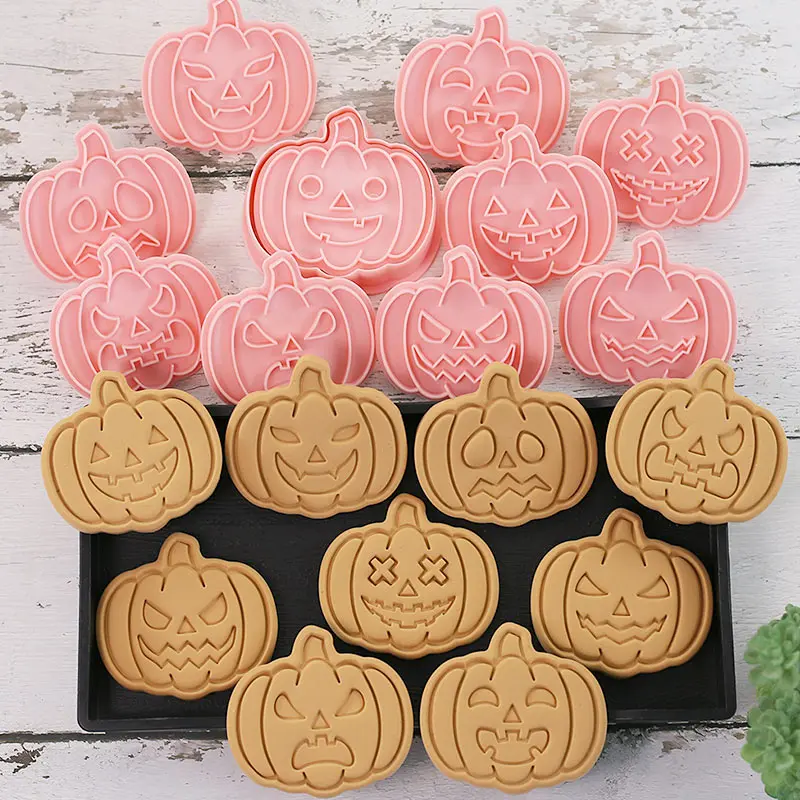 9 Styles Halloween Cookie Cutters Plastic 3D Pumpkin Cartoon Pressable Biscuit Mold Cookie Stamp Kitchen Baking Pastry Bakeware