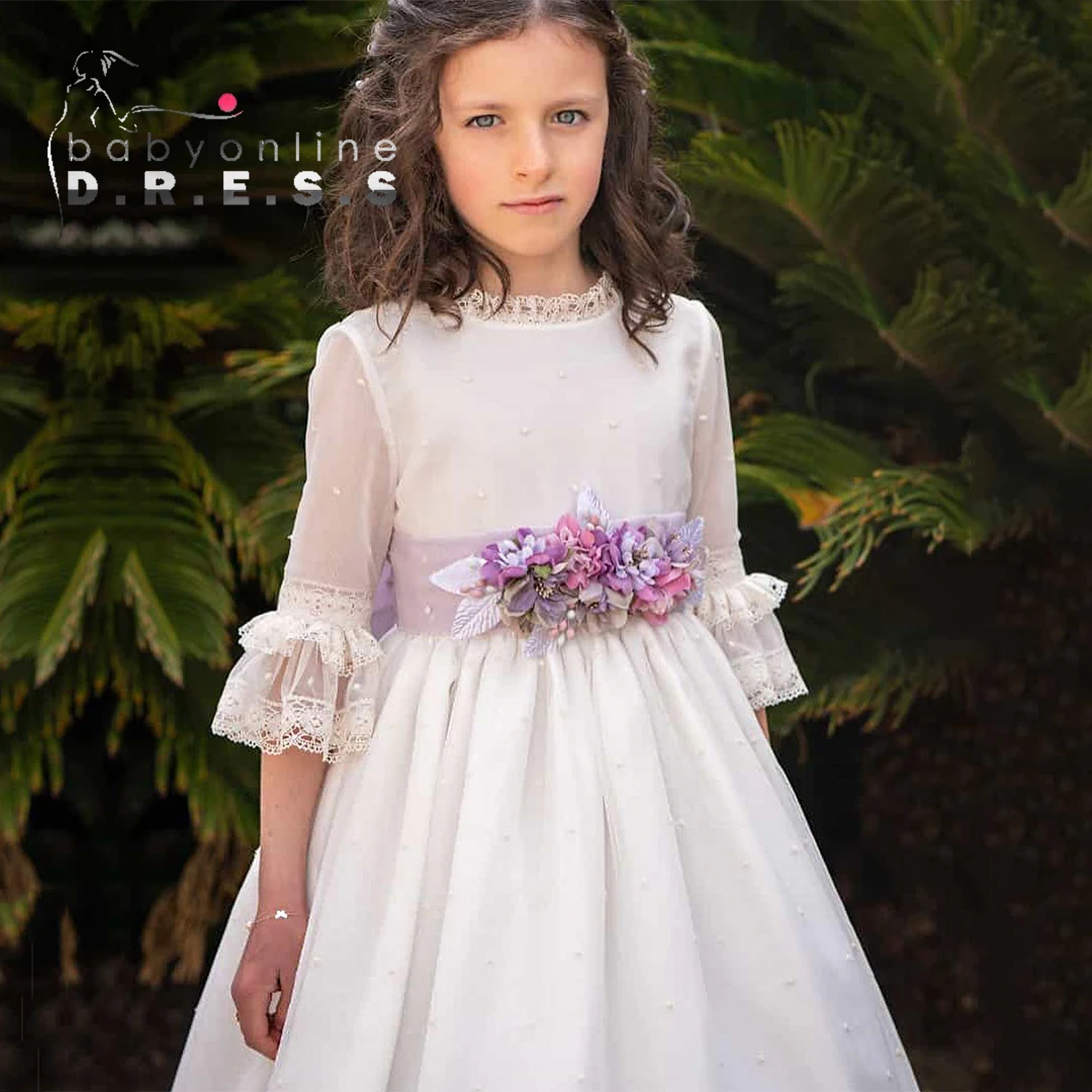 BABYONLINE Fairy Primecomunión Dress for Kid Vintage Princess Lace Floral Ribbon Belt Bridemini Bridesmaid Wedding Party Gown