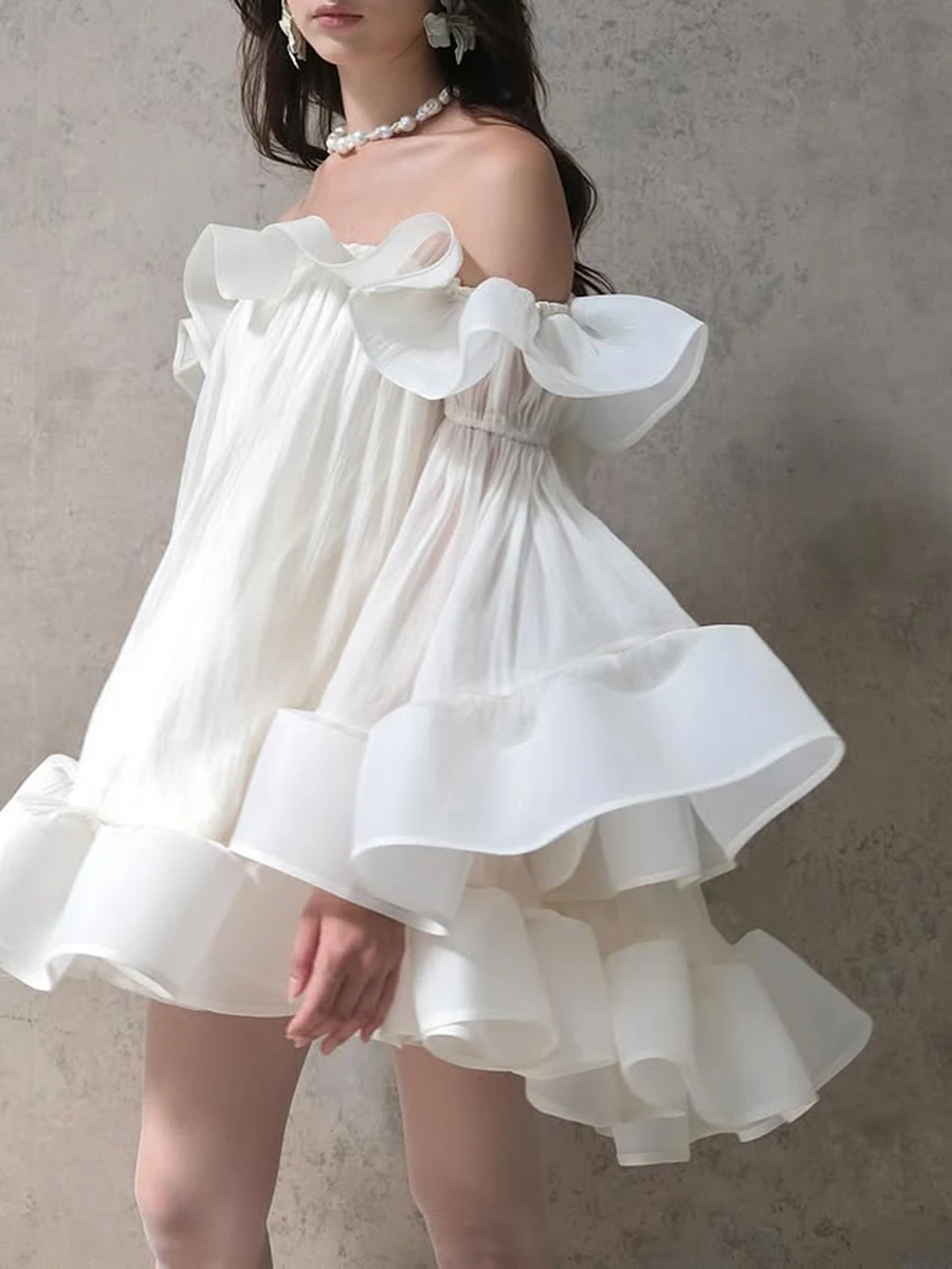 TWOTWINSTYLE Solid Sheer Spliced Ruffles Folds Mini Dresses for Women Slash Neck Long Sleeves Elegant Dress Female Clothing New