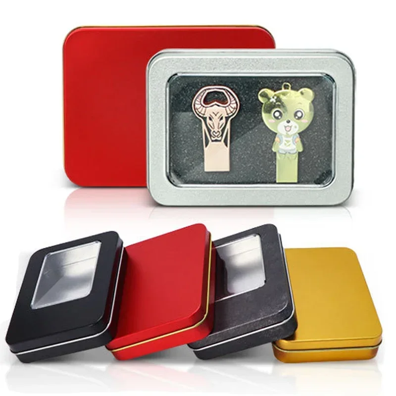 

12Pcs/Lot Small Tinplate Box With Window Square Packaging Iron Boxes For U Disk Badge Keychain Jewelry Coin Storage Containers