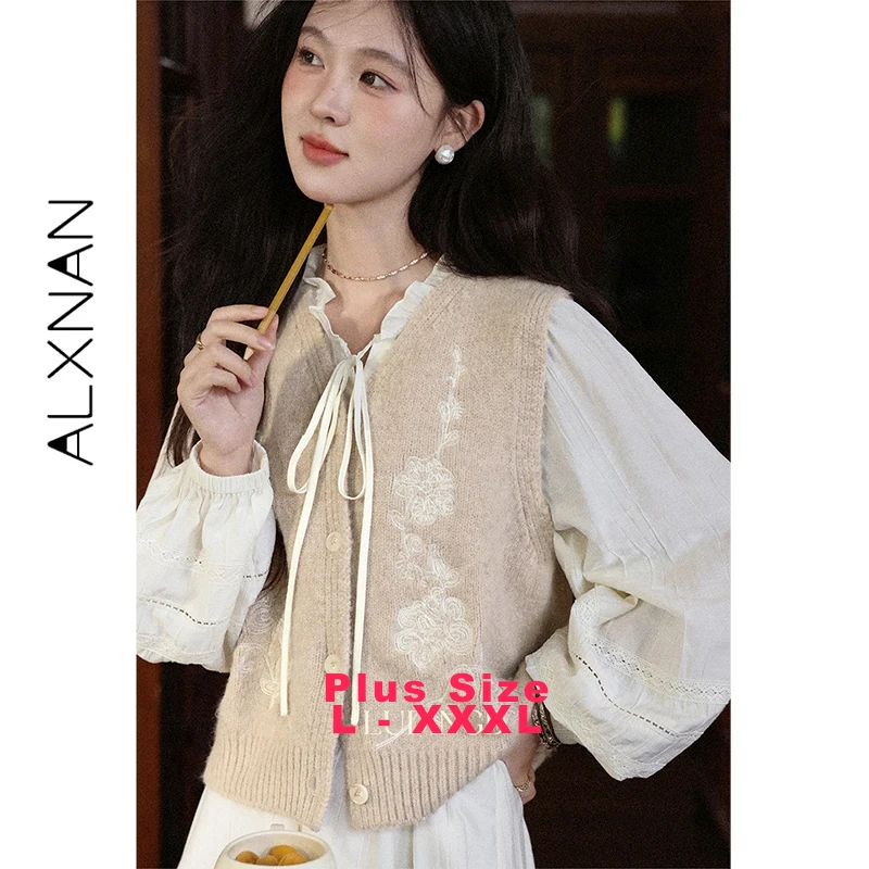 

ALXNAN Plus Size Sweater Vest Button Placket Knitted Sleeveless Vests Autumn Soft Layering Versatile Women's Sweaters D13120
