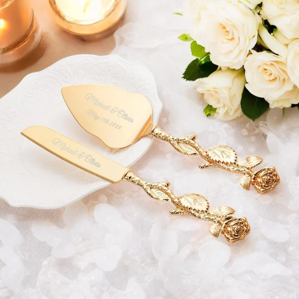 Personalized Wedding Cake Knife Serve Set Engraved Bride Groom Name Rose Garden Modern Vintage Rustic Anniversary Bridal Gift