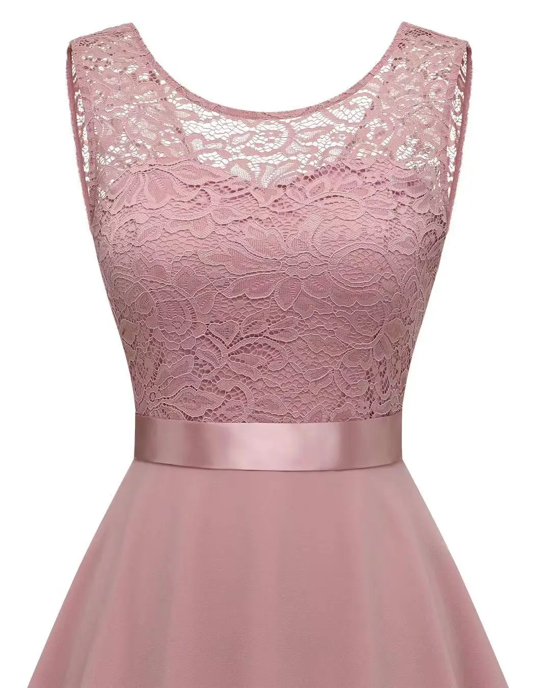 فستان أنيق لحفلات الكوكتيل من الشيفون والدانتيل بدون أكمام