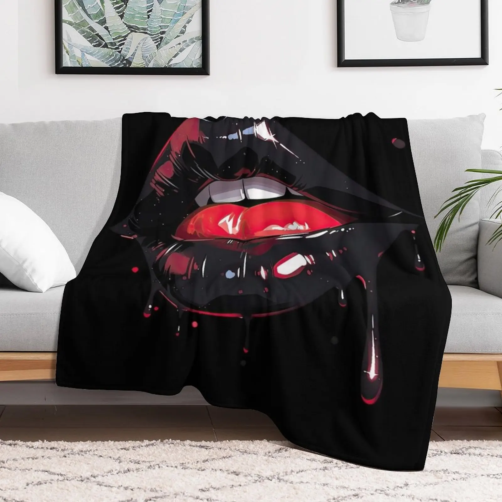 Black dripping girl lip - erotic kissing mouth Throw Blanket