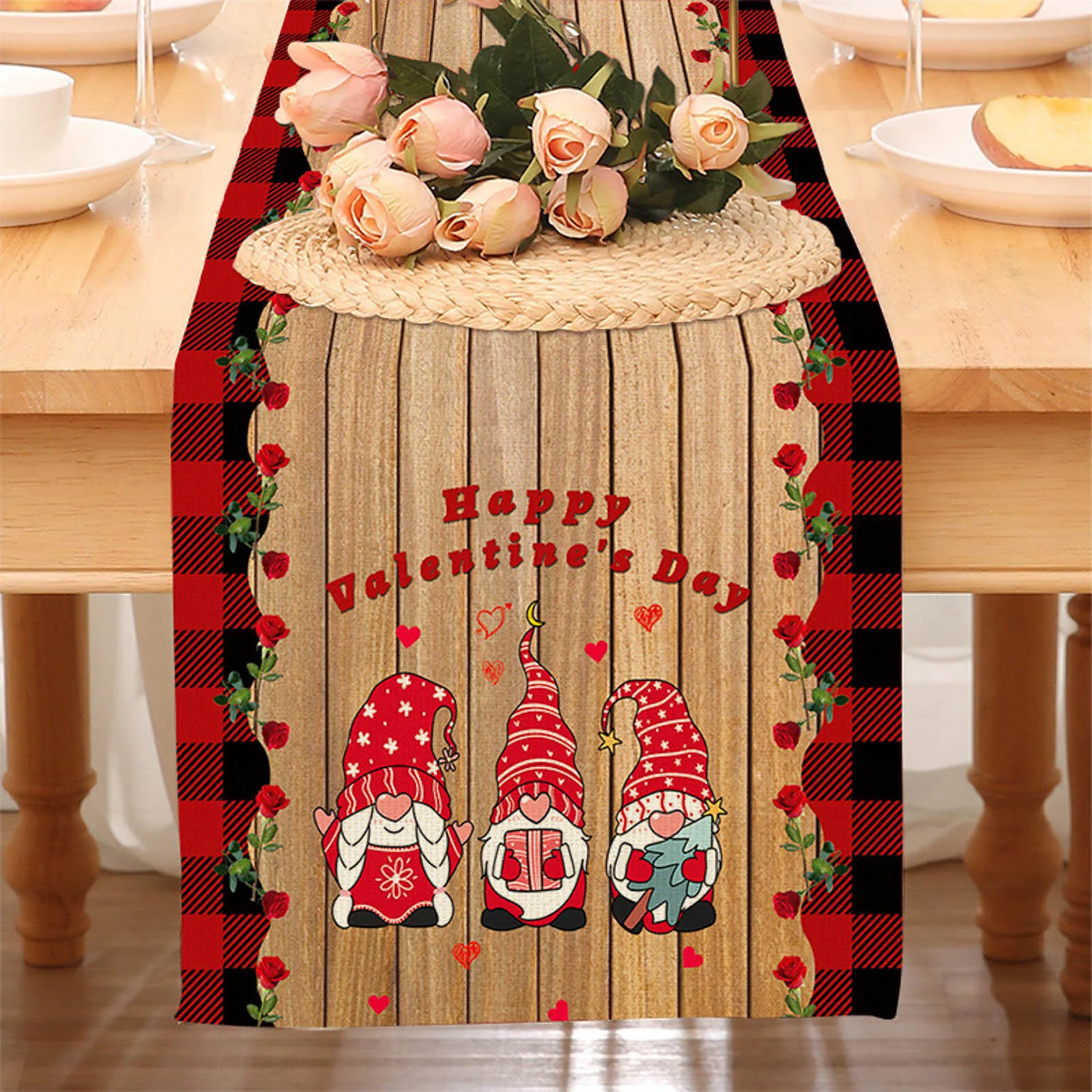 

Valentine's Day Table Flag Festival Love Print Car Faceless Doll Pattern Home Decoration Tablecloth Party Atmosphere Rose Tulle