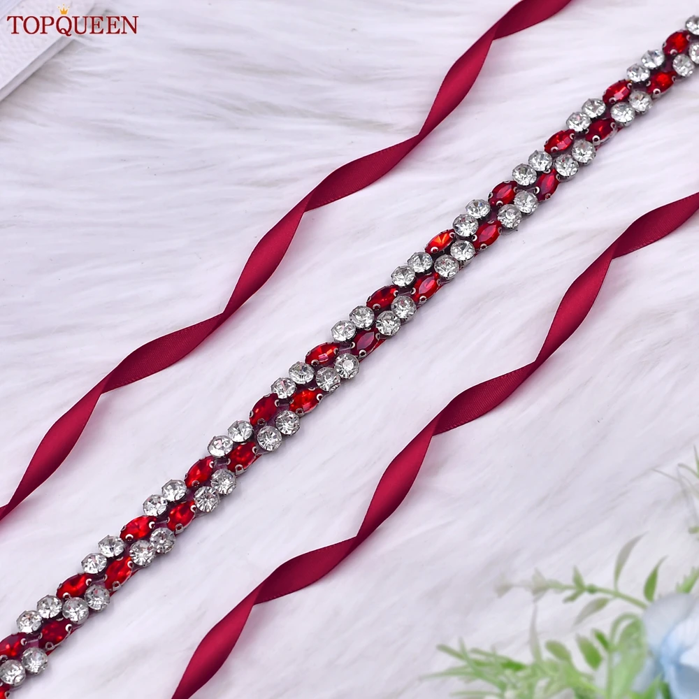 

TOPQUEEN Wholesale Red Stone Wedding Evening Dress Belt Rhinestone Sewing Applique Belt Party Decoration Bridal Belt S07-Red