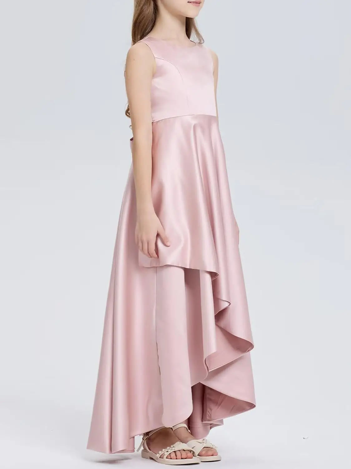 Uma linha de cetim vestido da menina de flor alta baixa pageant vestidos para meninas cetim festa comunhão bailes vestidos de baile com cinto