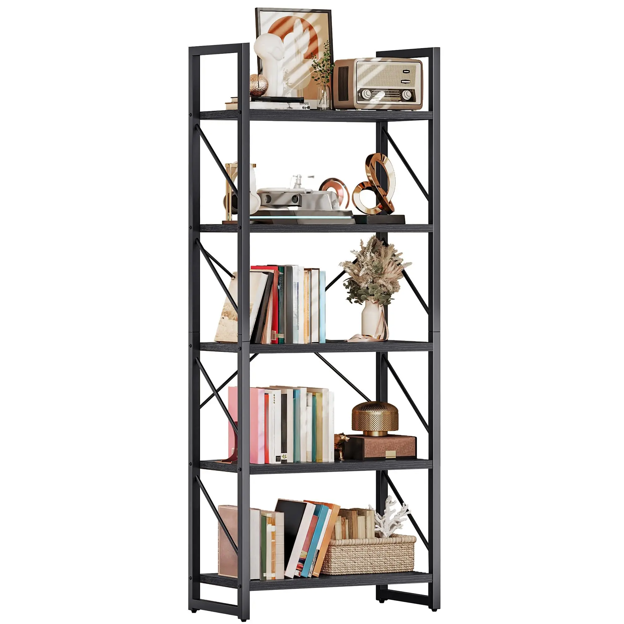 

Modern 5-Tier Standing Bookcase With Decorative Shelves For Living Room, Bedroom, Office And Kitchen Storage
