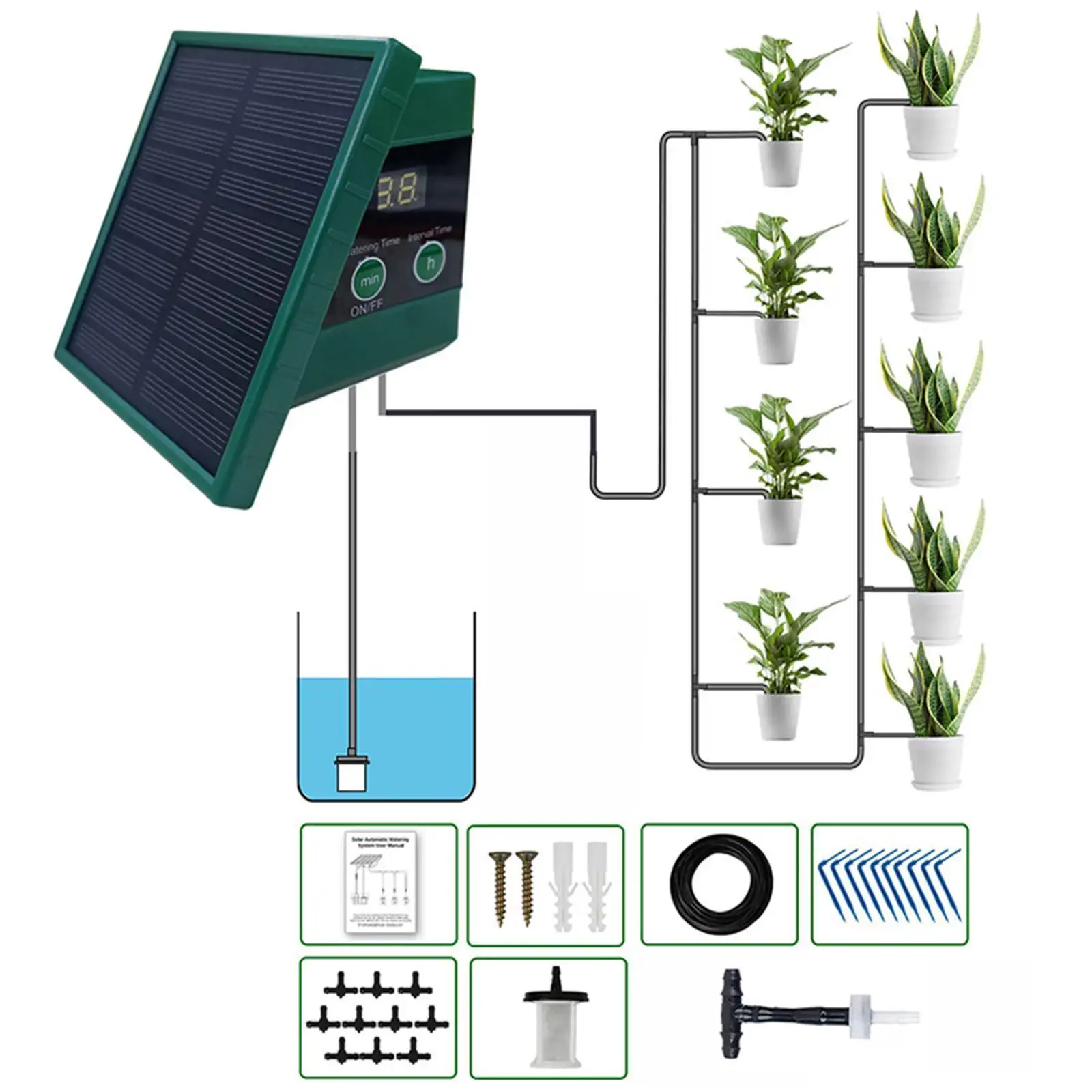

Auto Drip Irrigation System Solar Powered Controller with Timer for Houseplants Greenhouse Flower Pot
