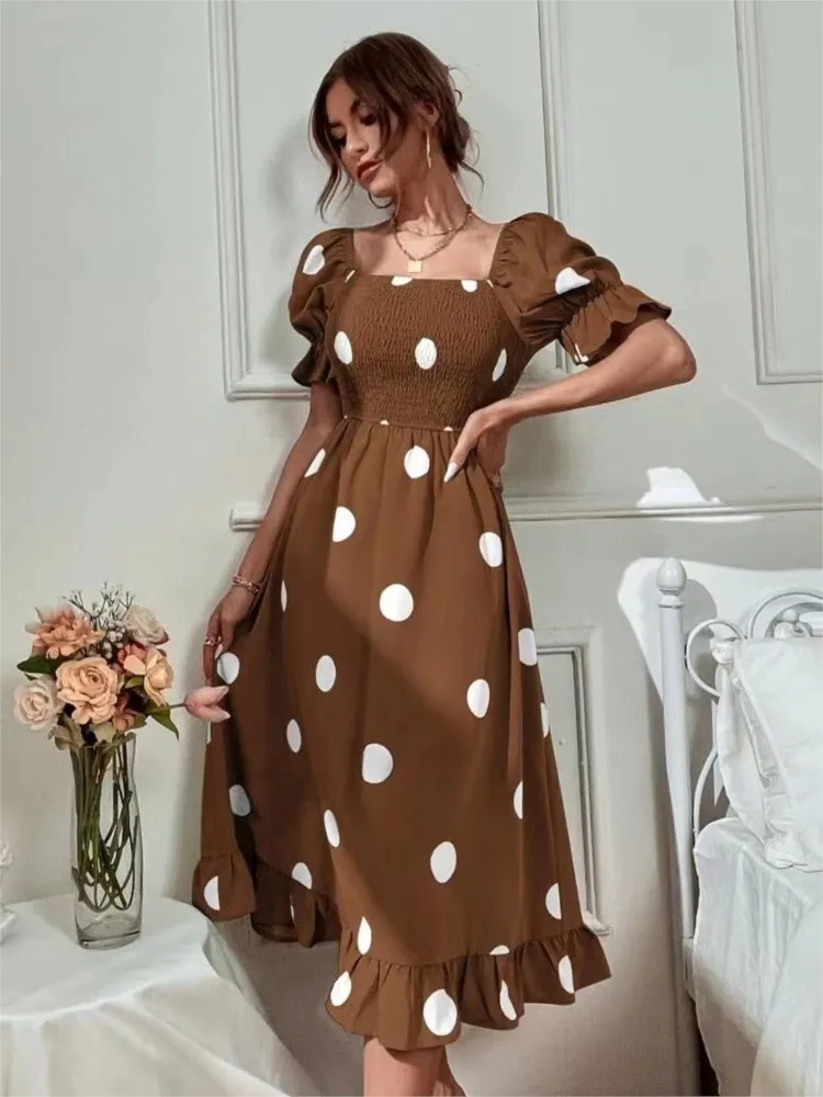 Women's 2024 New Summer Fashion Print With Large Round Dots Ruffled Edge Stylish Slim Fit Short Sleeved Dress For Women