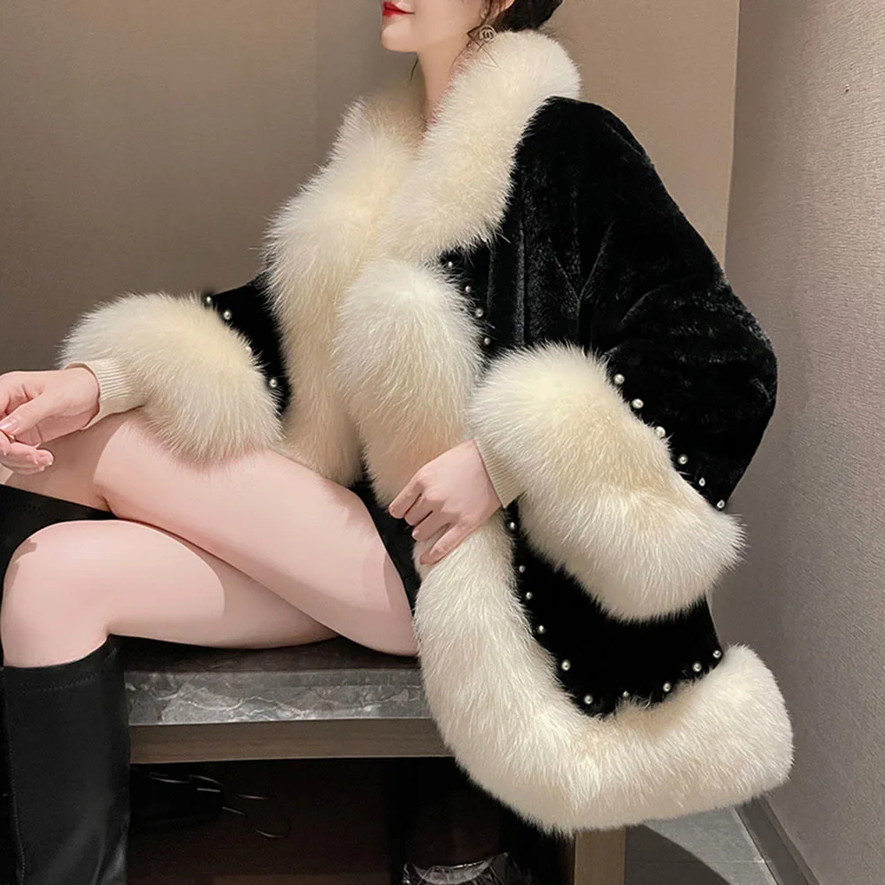 

Winter Fashion Fur Jacket For Women's Poncho Coat Luxury Beading Shawl Cloak 2024 Loose Faux Fox Elegant Ladies Plush Overcoats