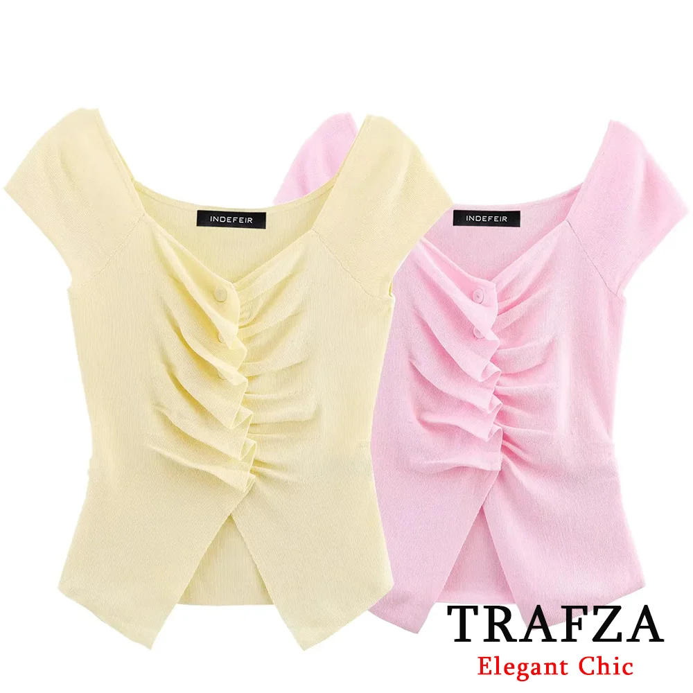 

TRAFZA Summer Hot Sweet Slim Top Women's Short-Sleeved Buttons Knitted Top T-Shirt New 2025 Fashion Holiday Casual Elegant Tops