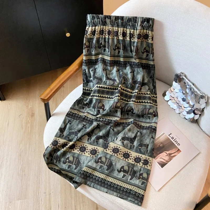 2026 New Summer Bohemia Vintage Skirts Women Fashion Chic Retro Versatile Elastic Waist Thin Slim Slit A-line Midi Skirt