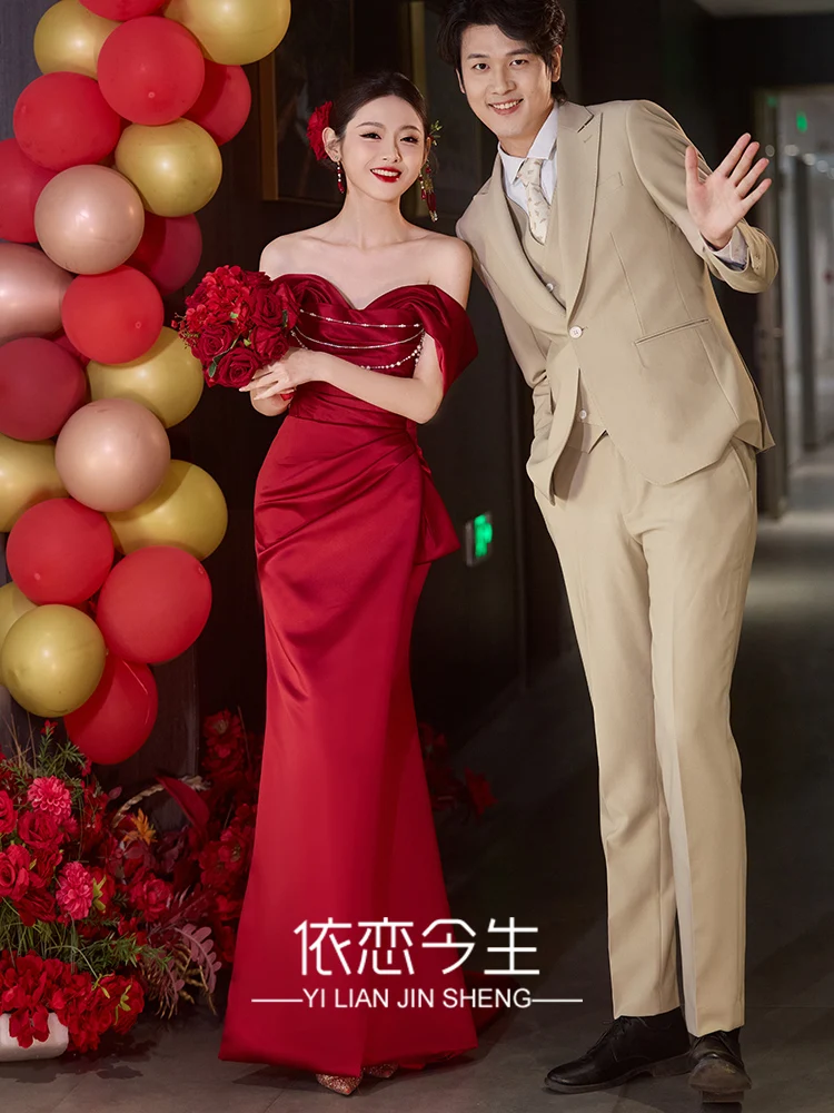 

Red One-oulder Wedding Dr Ele Pearl Embellied Bridal Gown for Engagement And Wedding Ceremony Summer 2025 New Arrival