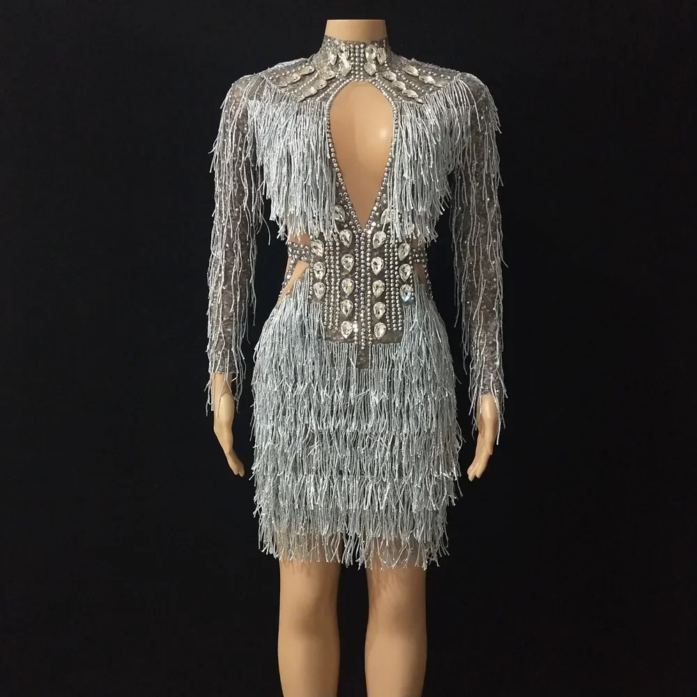 

Silver Tassel Mesh Transparent Tight Short Dress Women Singer Sexy Stage Costume Birthday Celebrity Party Fringe Gown Clothing