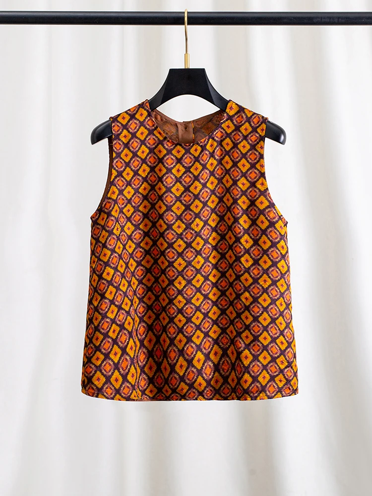 

Summer Beautiful Sleeveless Plaid Print Silk Yuzhen Vest Women's Straight Cut Floral Lace Shirt round Neck Regular Length