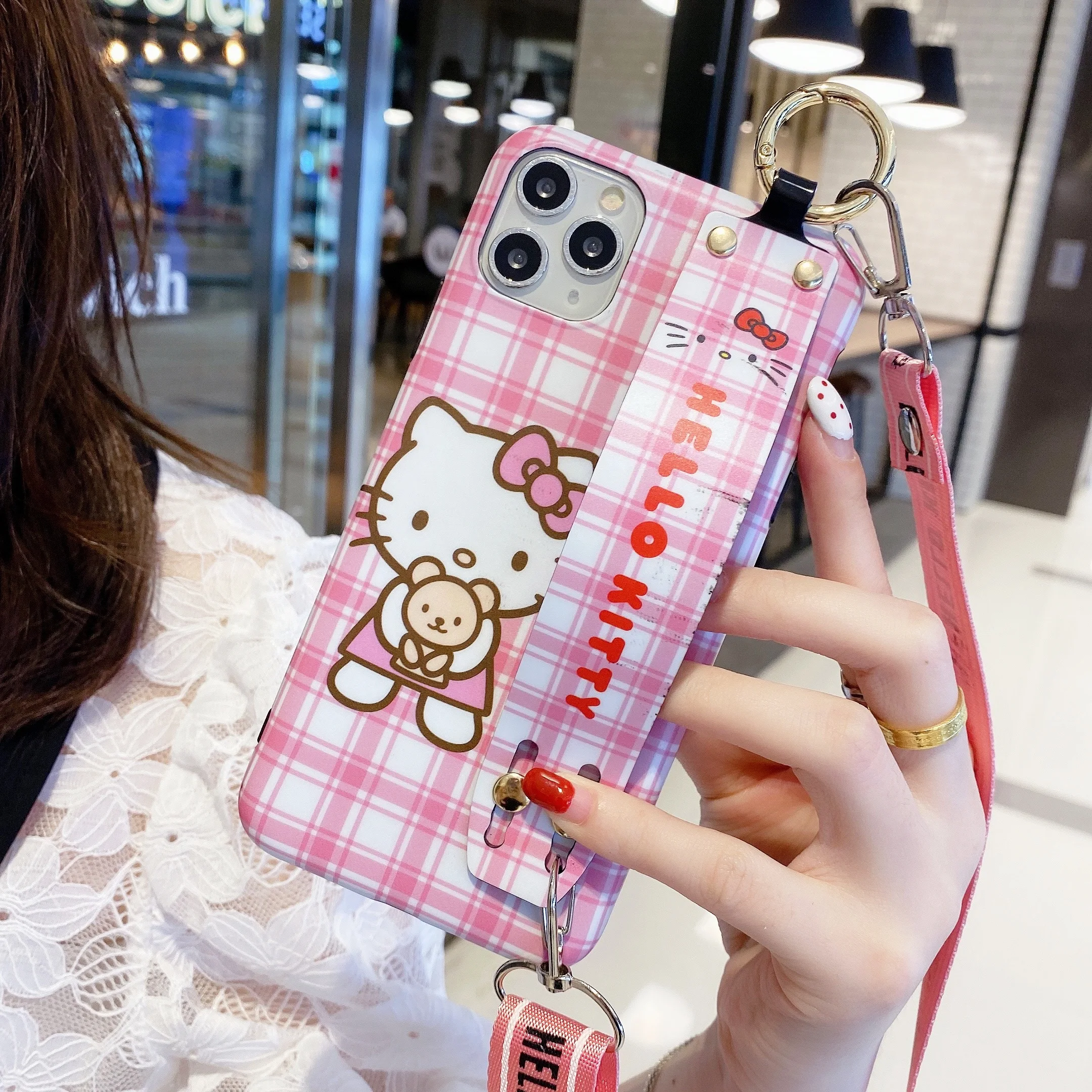 

Sanrio Hello Kitty Cat Phone Case for iPhone 11 12 13 pro 14Plus XS MAX 8 7 Plus X XR Fashion Wristband Style Case With Lanyard