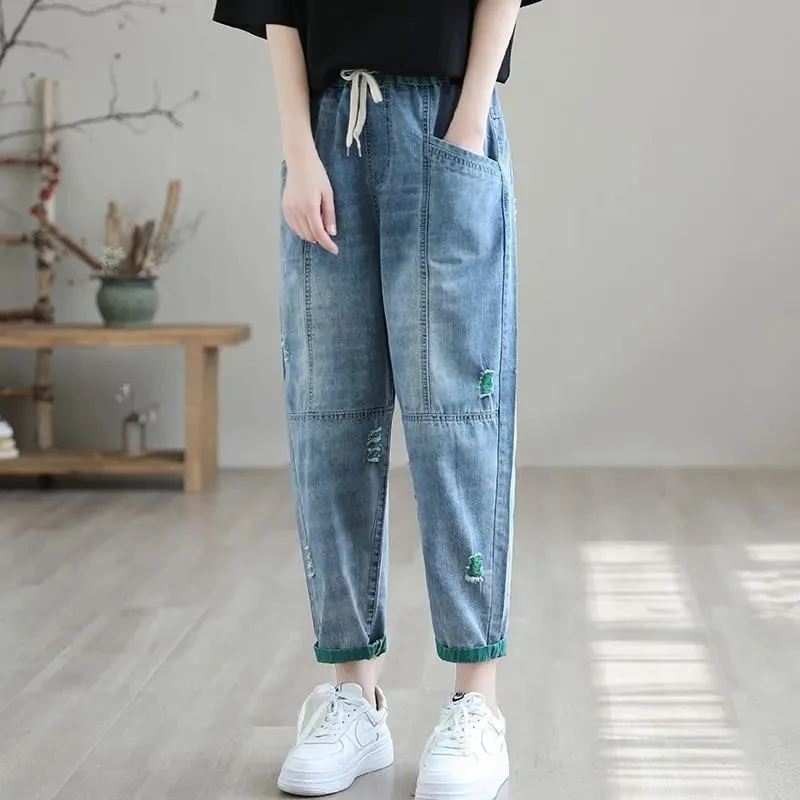 Lässige Kordel zug Harem Jeans Frauen knöchel lange elastische Streetwear mit hoher Taille Vaqueros bf Overs ize Jogger Baggy Denim Hose