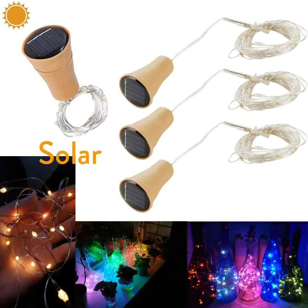 1M 10LEDs 1.5M 15LEDs 2M 20LEDs Solar Koperen Kurk Draad Lichtslingers Wijnfles party Festival Xmas Outdoor Decor Tuin Vijver