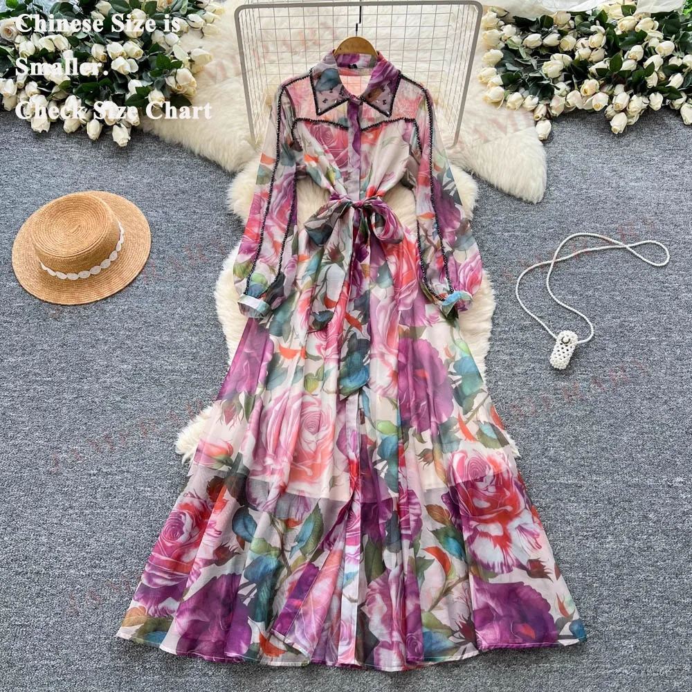 

Элегантное брендовое летне-осеннее платье макси с цветочным принтом, женское, с длинным рукавом, из шифона, с принтом и стразами, модное, для отпуска