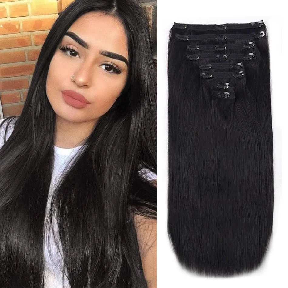 Extensión de cabello con Clip de 120 gramos, 18 Clips, 100% cabello humano natural Remy, postizo de cabeza completa, 14-28 pulgadas, 1B para suministro de salón