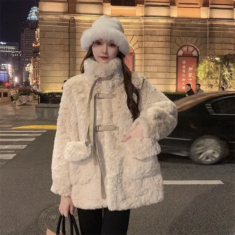 2023 Autumn Winter New Thickened Fur One Piece Imitation Rabbit Hair Lamb Fur Standing Collar Loose Fur Coat Fashion Women