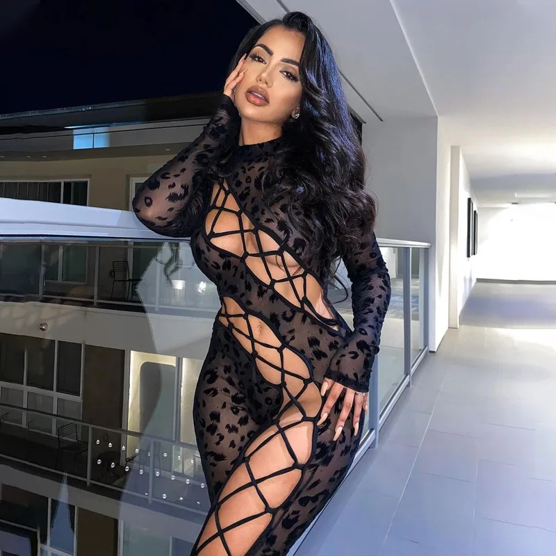 

DSMTRC New Hollow Out Long Sleeve Slim Criss-Cross Playsuits Tight Asymmetry Hot Sexy Sheer Mesh Leopard Printed Autumn Jumpsuit