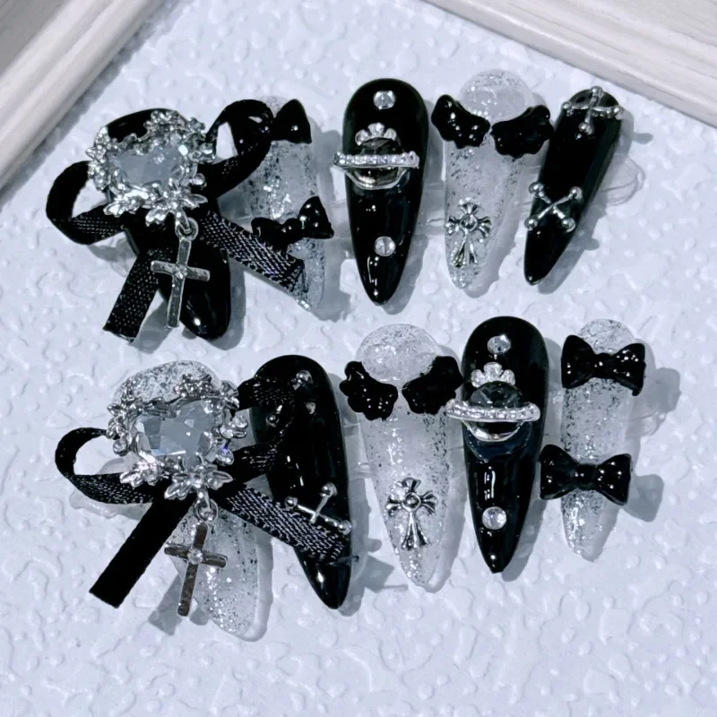 

NewGoldcast Handmade Press on Nails Черный галстук-бабочка Носимые розовые милые длинные накладные ногти Зимние многоразовые полное покрытие Шарм Nails Art
