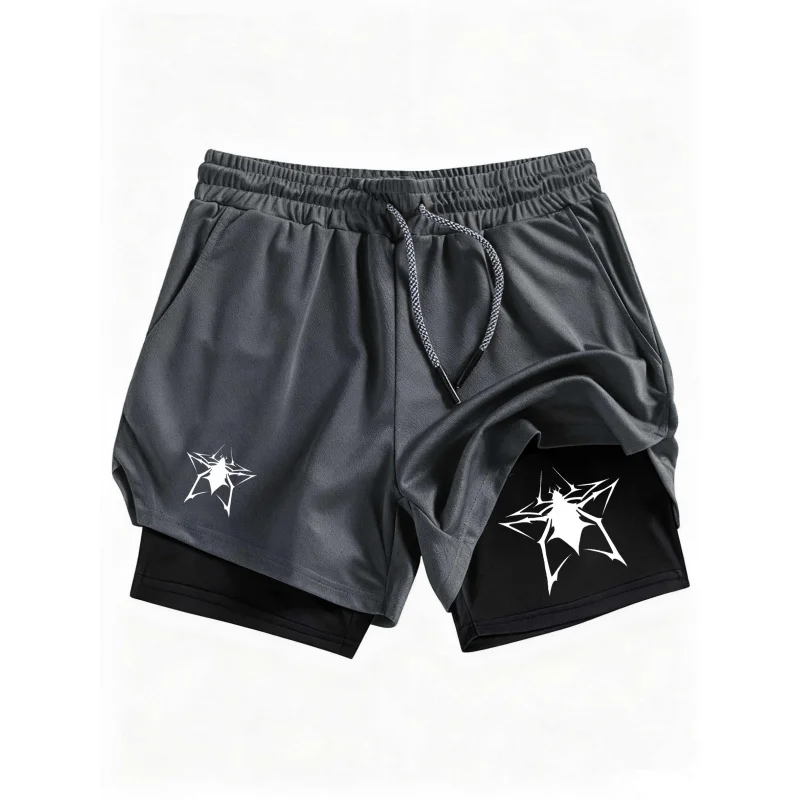 

Men'S Spider Print 2-In-1 Running Shorts Gym Workout Compression With Phone Pocket And Towel Loop Summer Sport Athletic Shorts