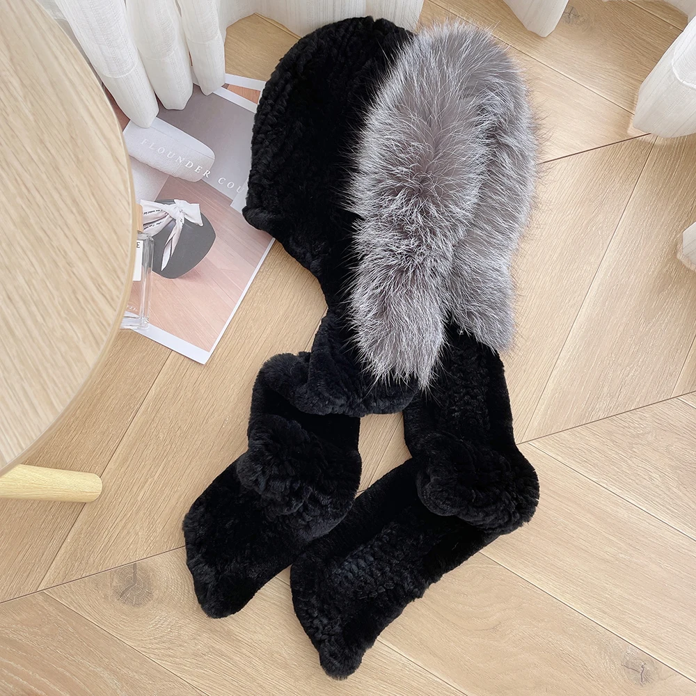 

Thick real fox fur scarf cap Luxury women's cap hand knitted real rex rabbit fur hat scarf Girls winter warmth outdoor ski cap