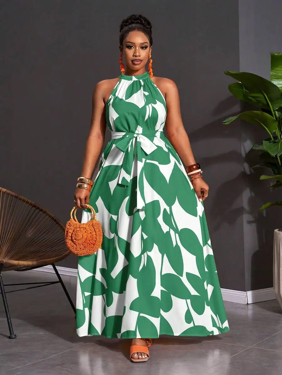 

Plus Size Womens Green Leaf Print Halter Neck Wrap Dress Floor Length