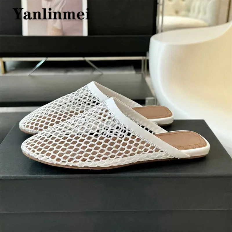 

New Summer Slippers Women Fashion Round Toe Slides Mesh Hollow Outs Mules For Female Casual Comfort Flat Half Slippers Woman